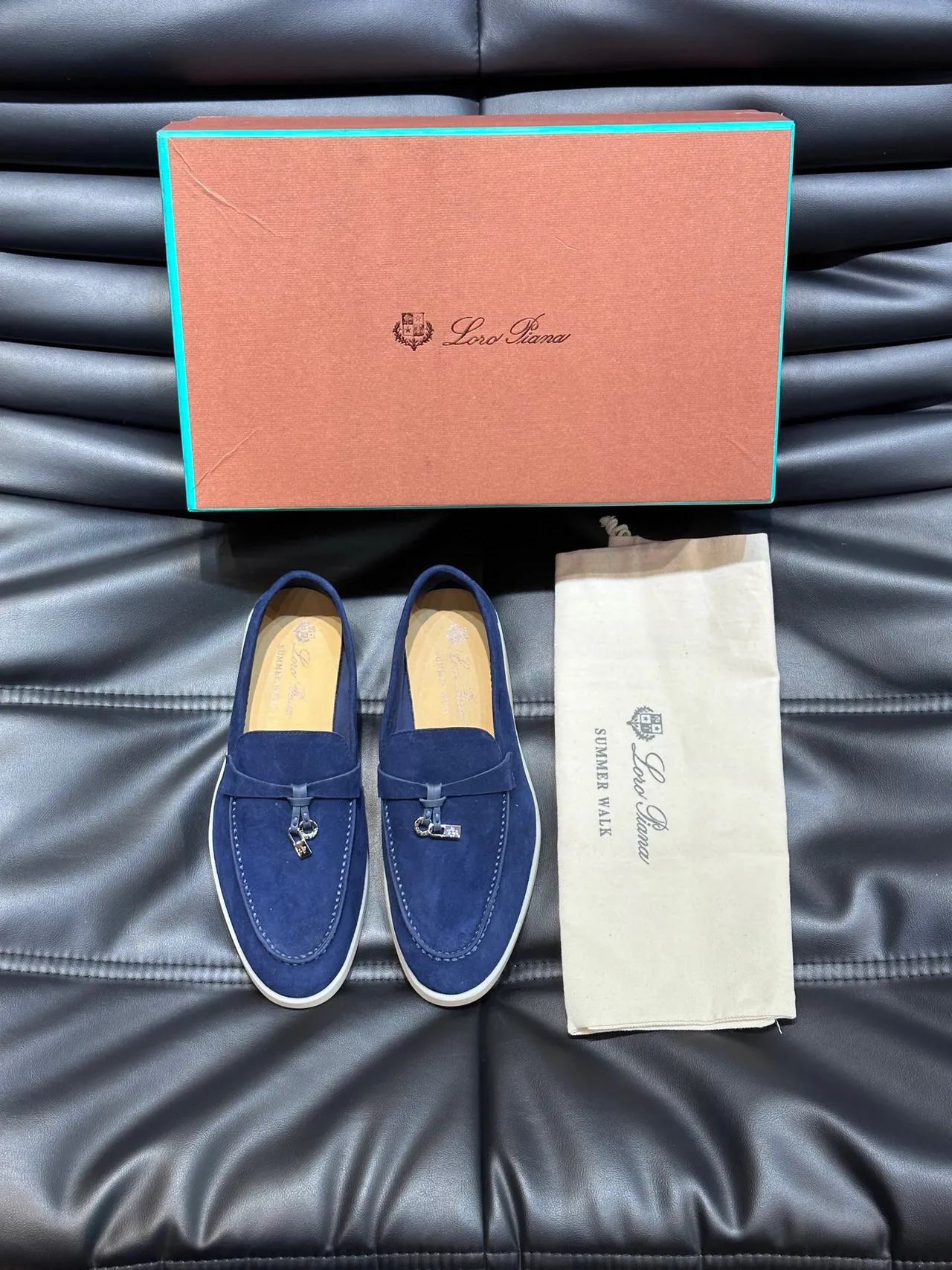 Navy Beige Suede Upper Metal-Accented Strap Loafer 4