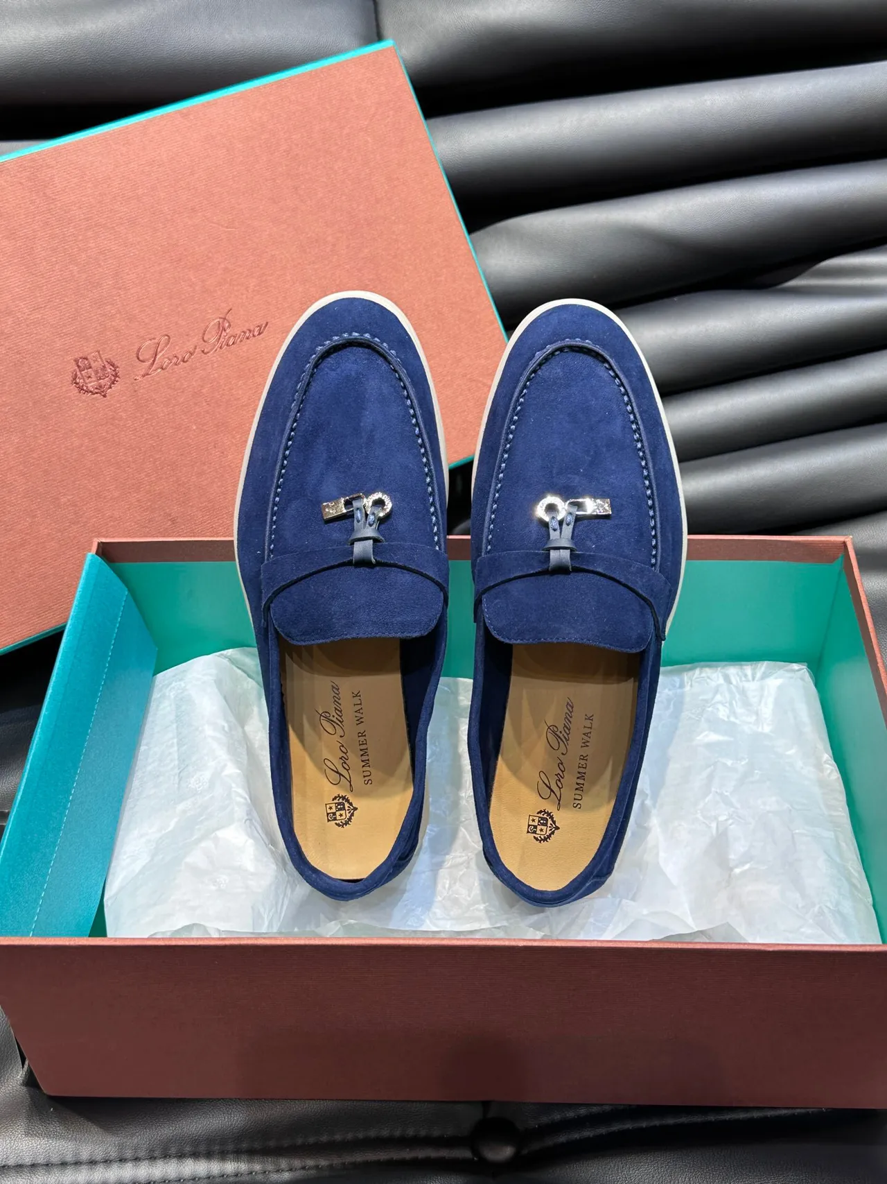 Navy Beige Suede Upper Metal-Accented Strap Loafer 5