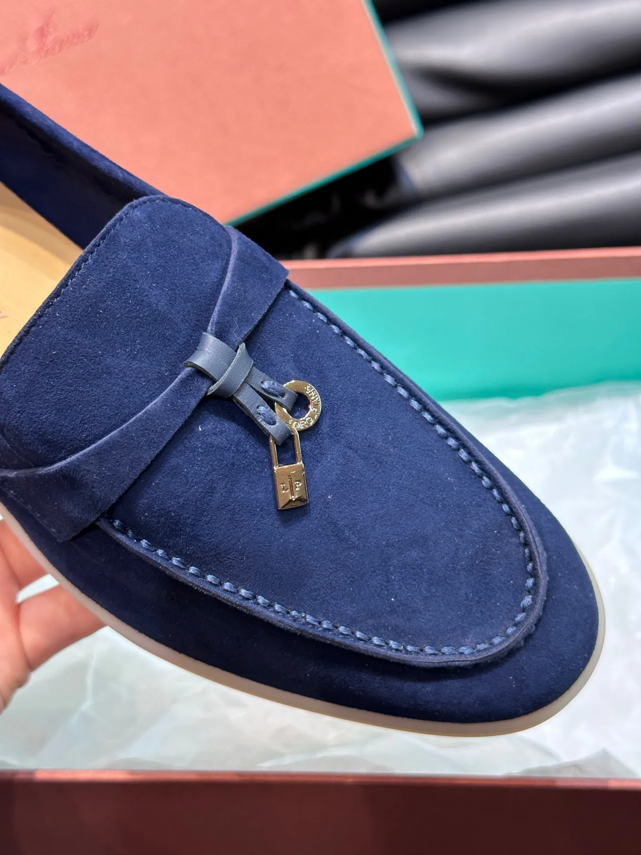 Navy Beige Suede Upper Metal-Accented Strap Loafer 8