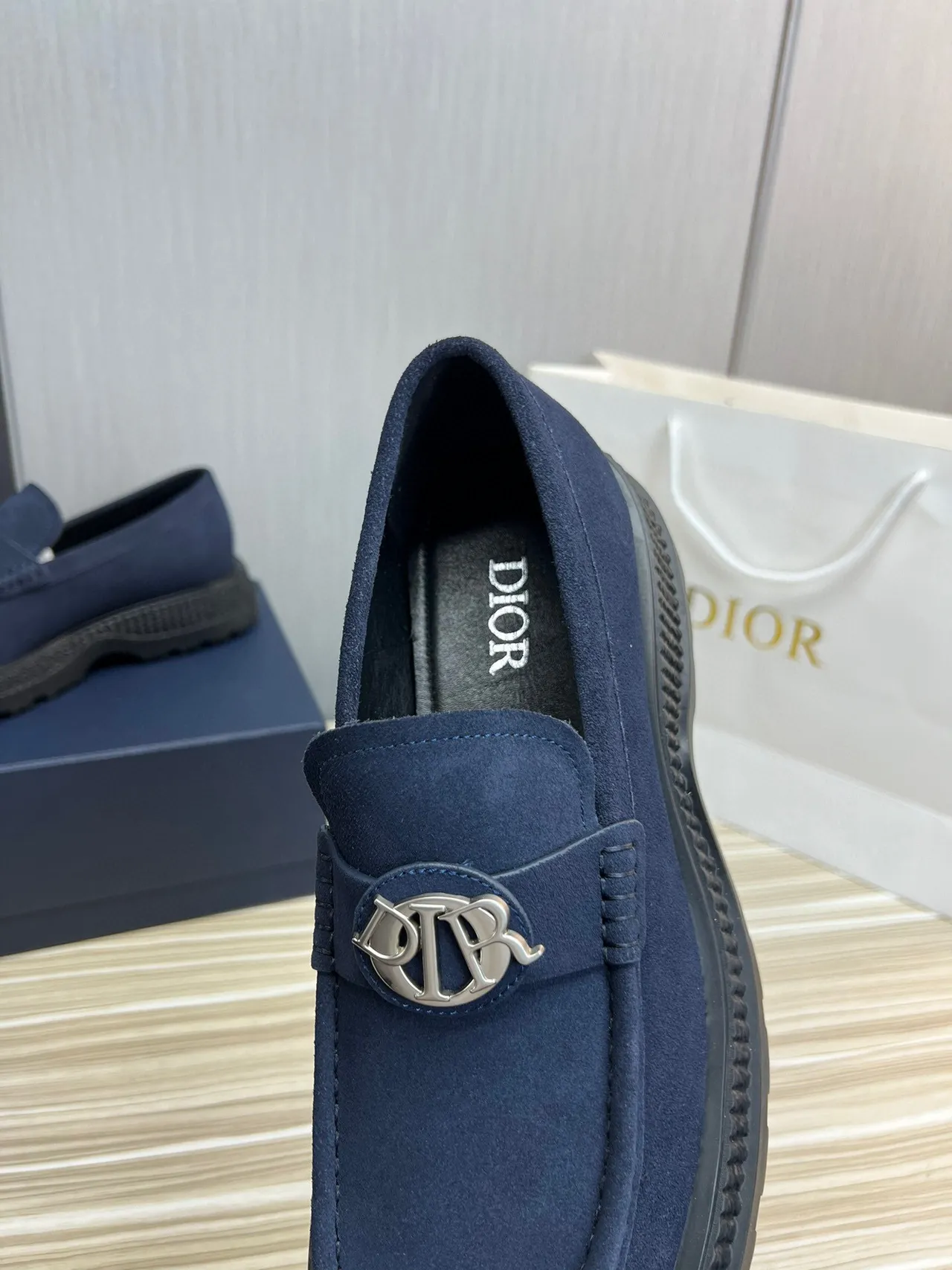 Navy Black Suede Upper Chunky Rubber Sole Loafer 6