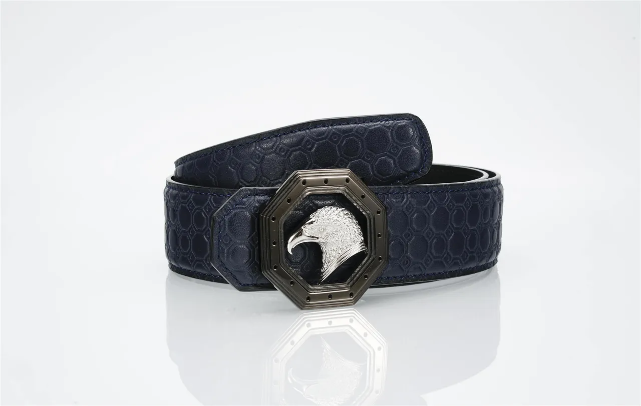 Navy Silver Honeycomb-Embossed Octagonal Eagle-Head Buckle Leather Belt 1