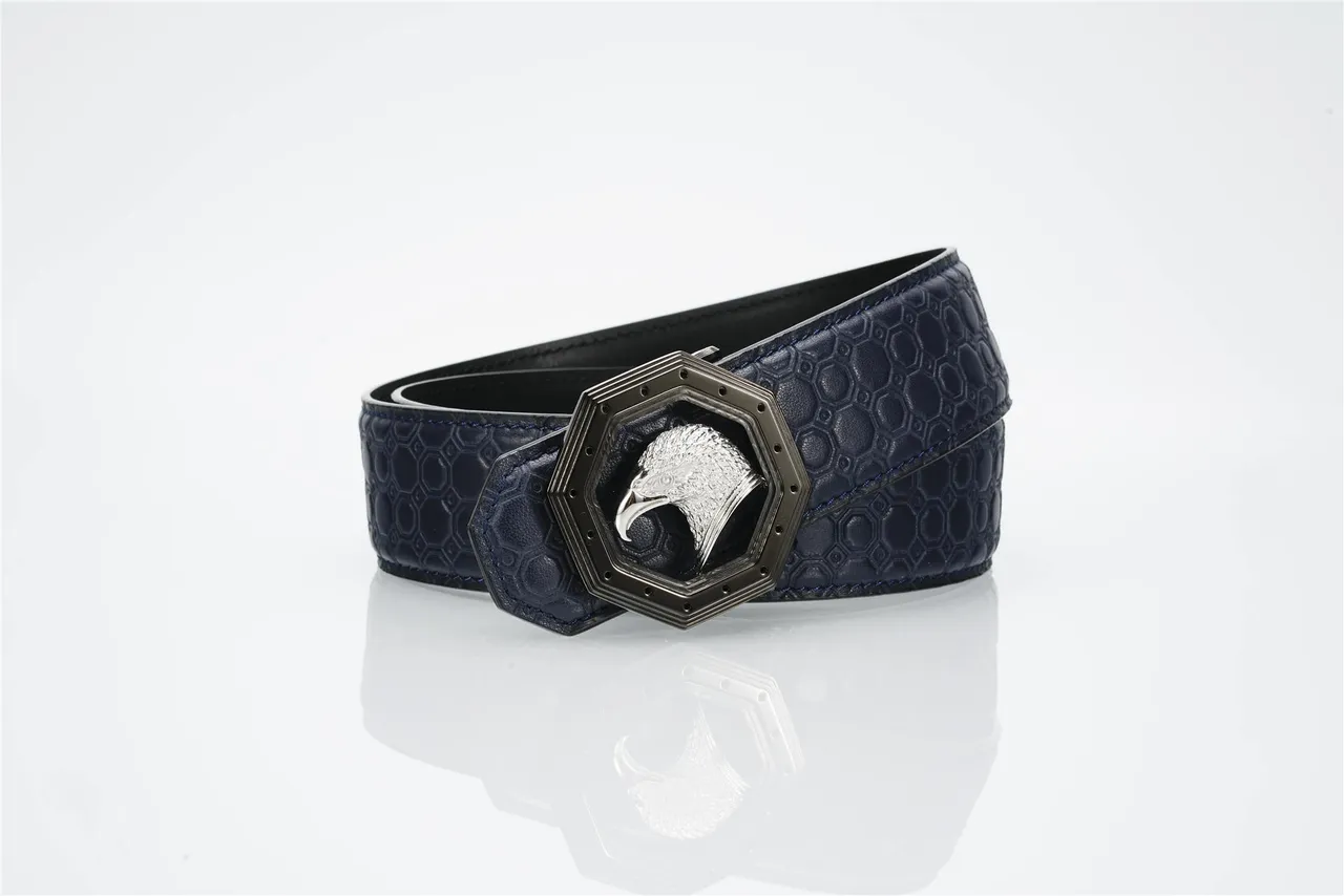 Navy Silver Honeycomb-Embossed Octagonal Eagle-Head Buckle Leather Belt 4