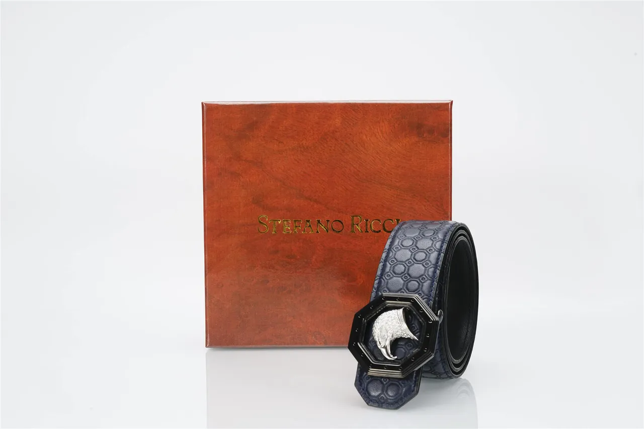 Navy Silver Honeycomb-Embossed Octagonal Eagle-Head Buckle Leather Belt 6