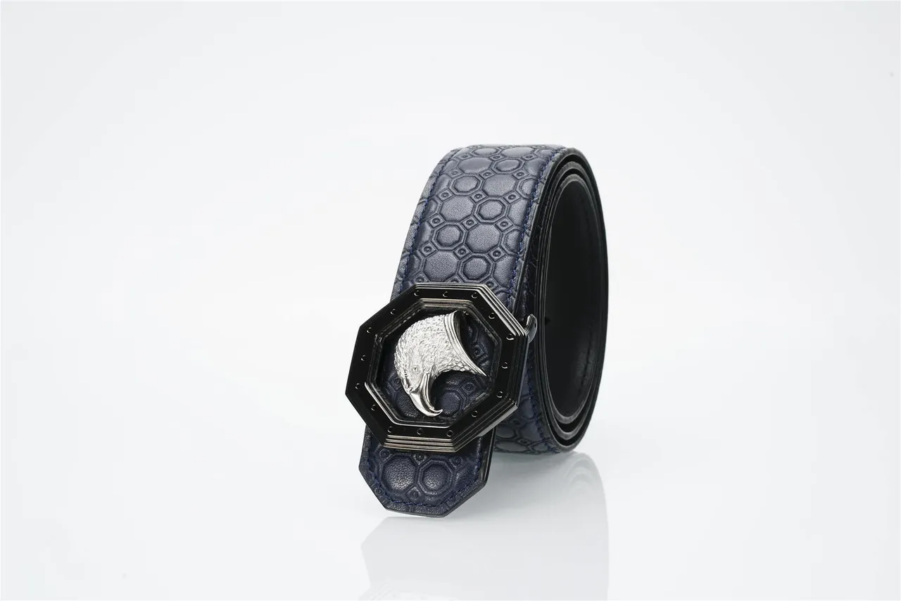 Navy Silver Honeycomb-Embossed Octagonal Eagle-Head Buckle Leather Belt 7