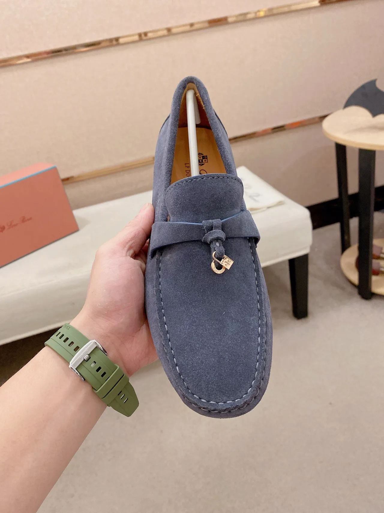 Navy White Suede Upper Moc-Toe Stitching Loafer 2