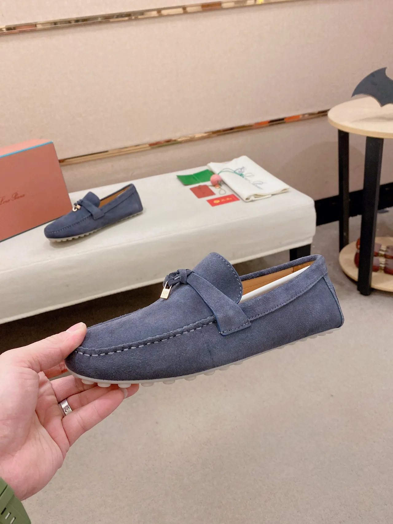 Navy White Suede Upper Moc-Toe Stitching Loafer 3