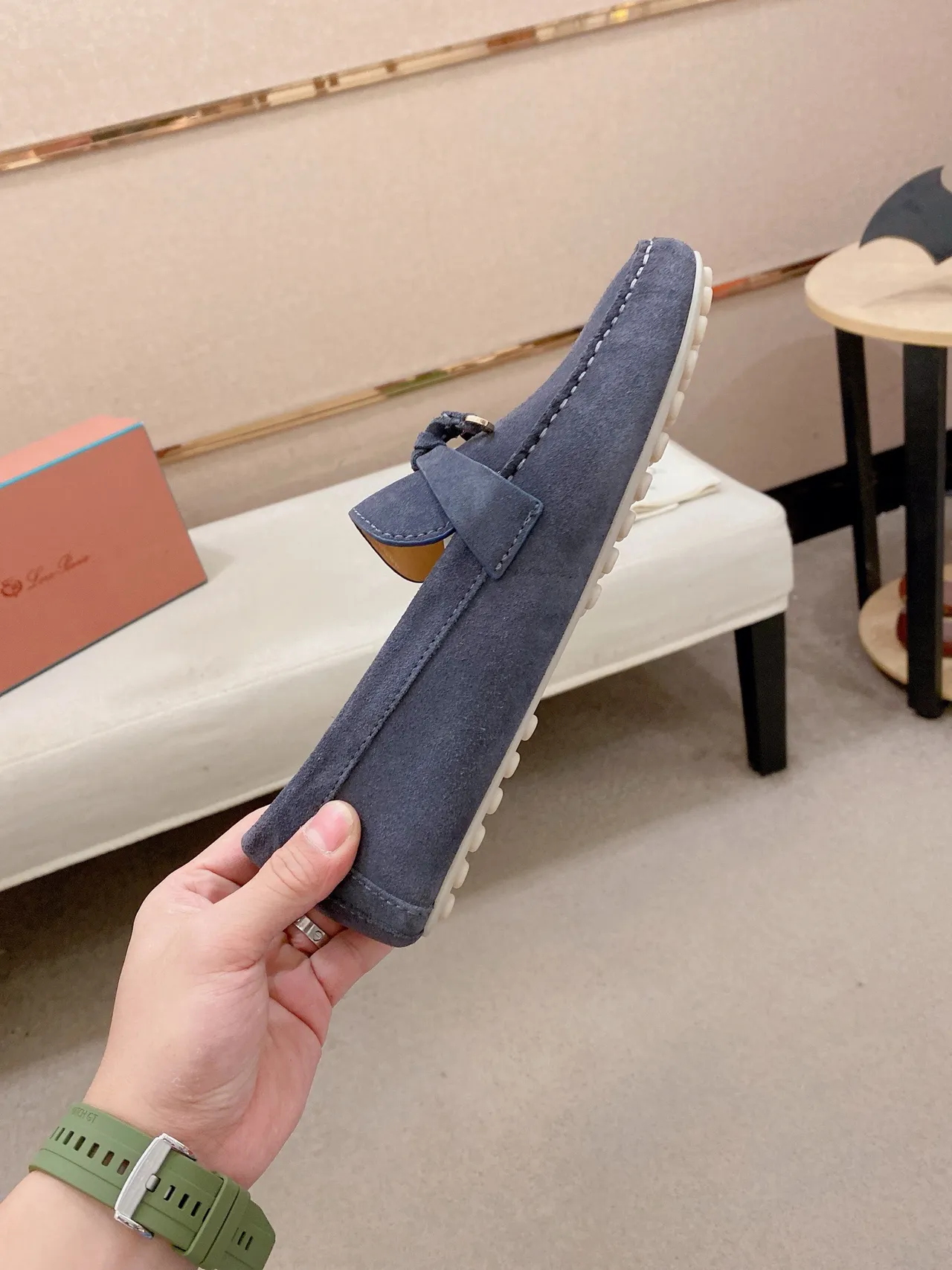 Navy White Suede Upper Moc-Toe Stitching Loafer 5