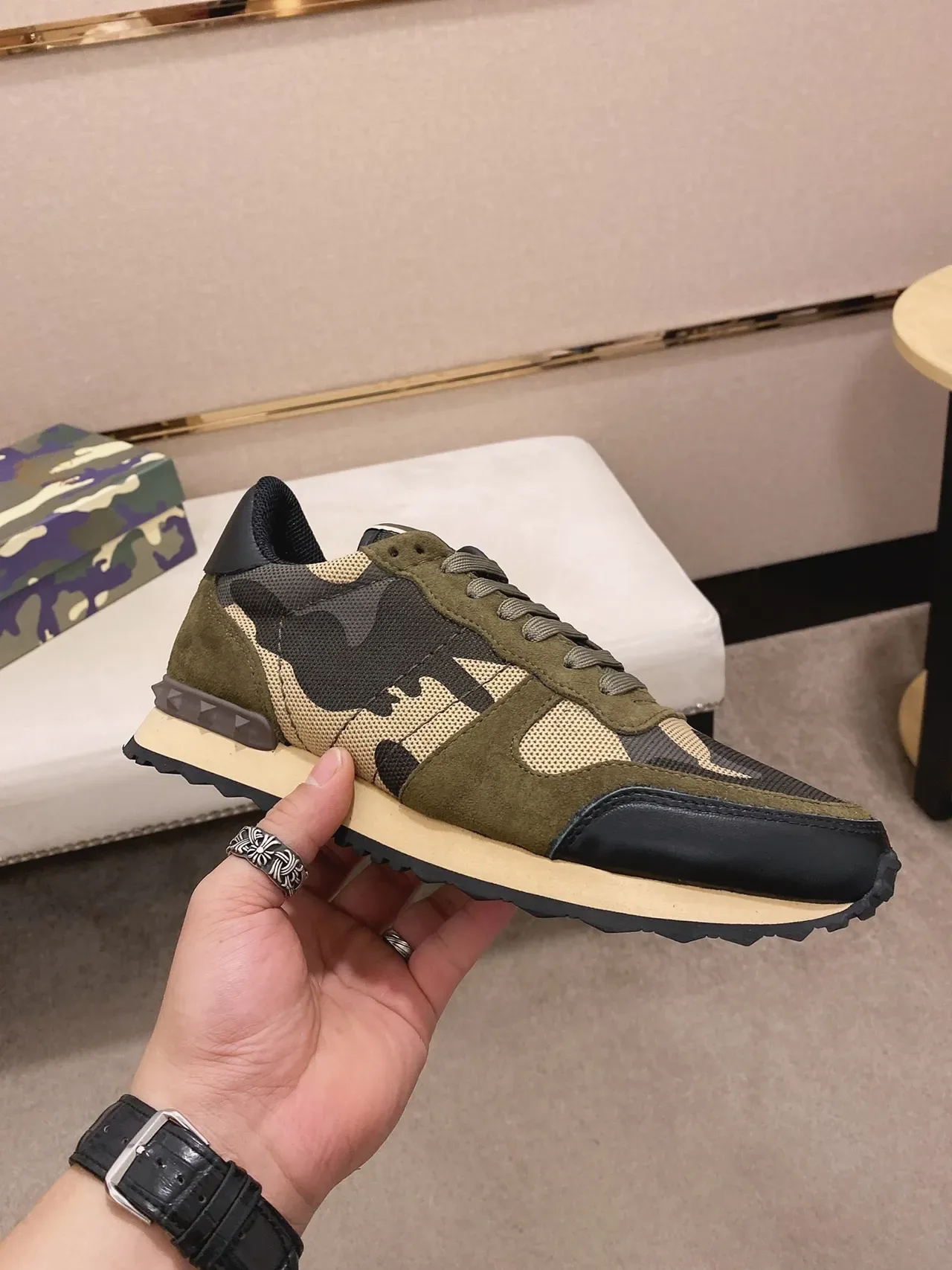 Olive Green and Black Mixed-Material Retro Runner Sneakers 7