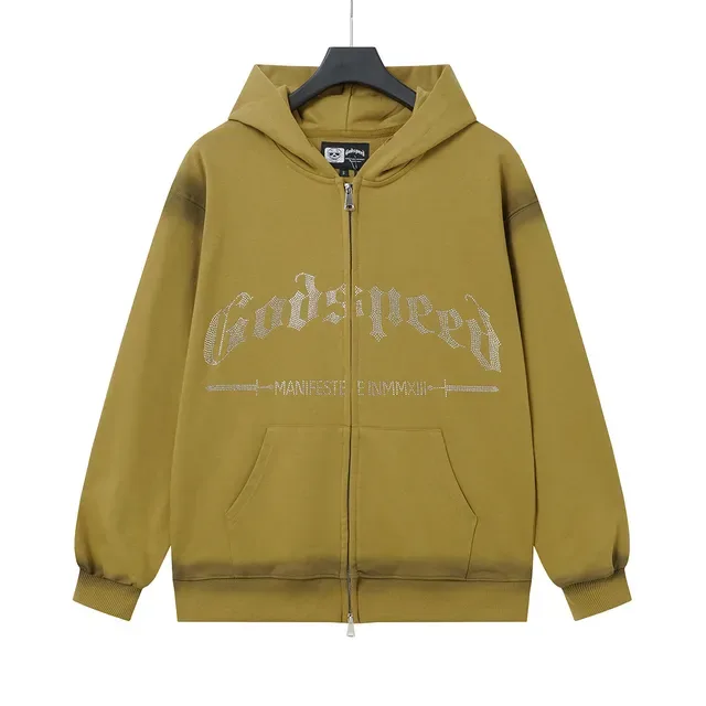 Olive Rhinestone-Embellished Gothic Typography Full-Zip Hoodie 2