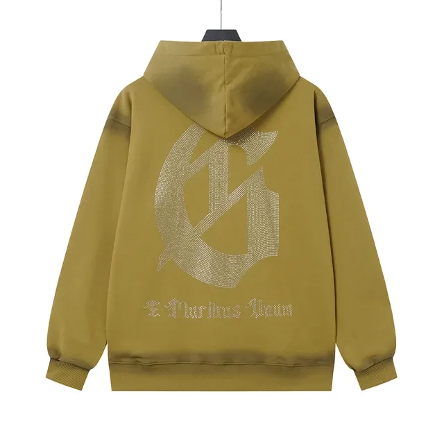 Olive Rhinestone-Embellished Gothic Typography Full-Zip Hoodie 3