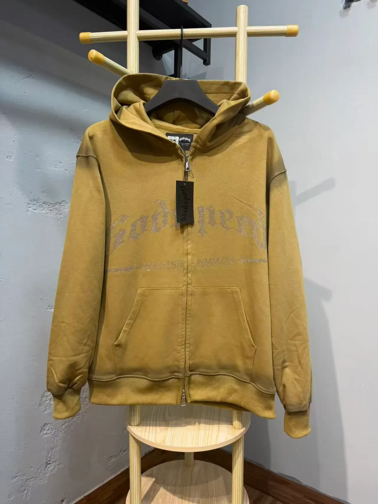 Olive Rhinestone-Embellished Gothic Typography Full-Zip Hoodie 5