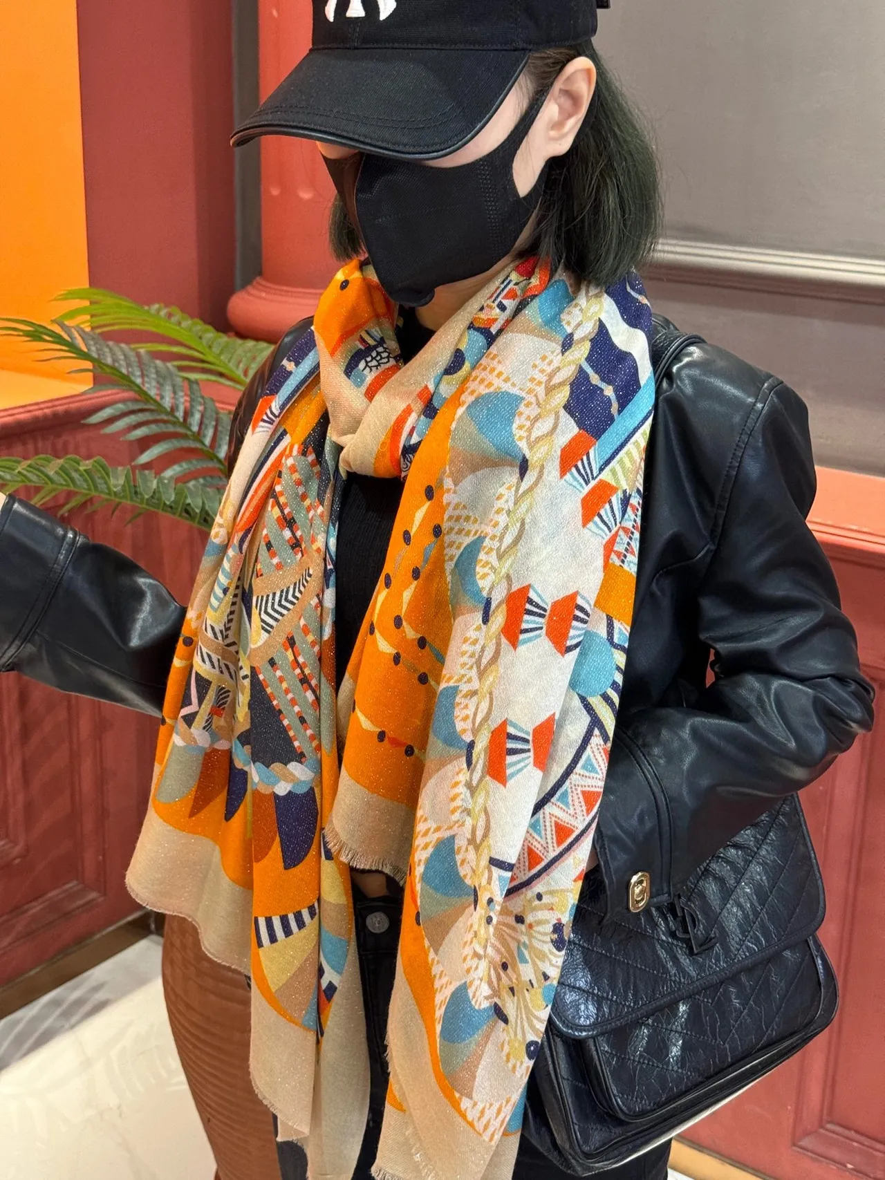 Orange Multicolor Abstract Geometric Print Bold Pattern Scarve 4
