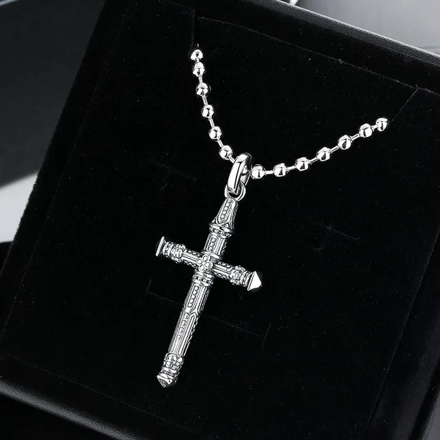 Ornate Engraved Cross Pendant on Ball Chain Necklace 2