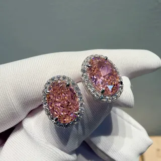 Oval Pink Gemstone Pavé Halo Stud Earrings