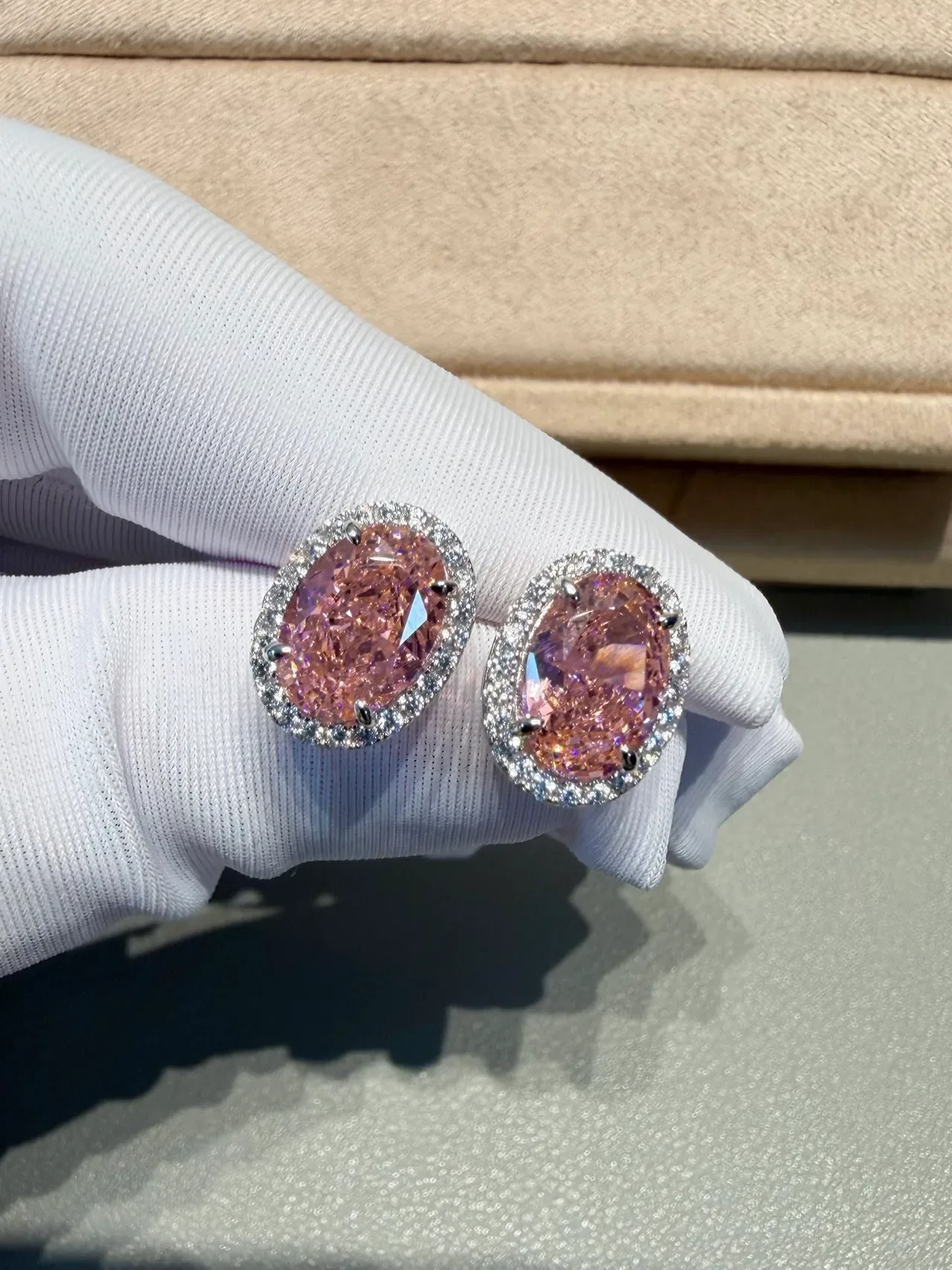Oval Pink Gemstone Pavé Halo Stud Earrings 3