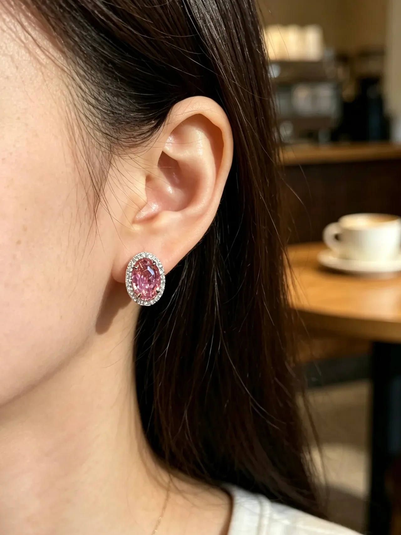 Oval Pink Gemstone Pavé Halo Stud Earrings 4