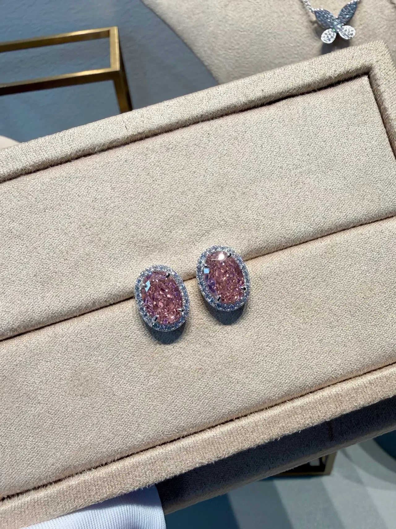 Oval Pink Gemstone Pavé Halo Stud Earrings 5