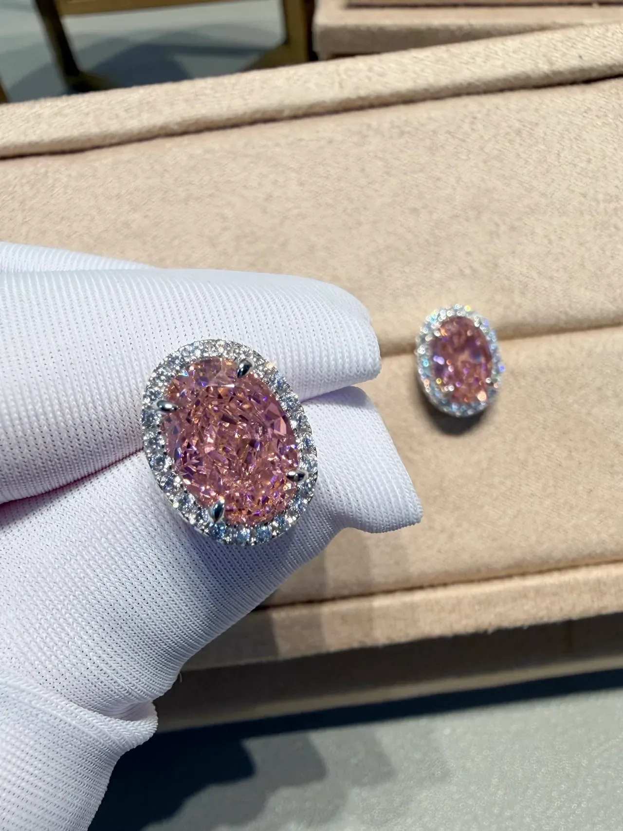 Oval Pink Gemstone Pavé Halo Stud Earrings 6