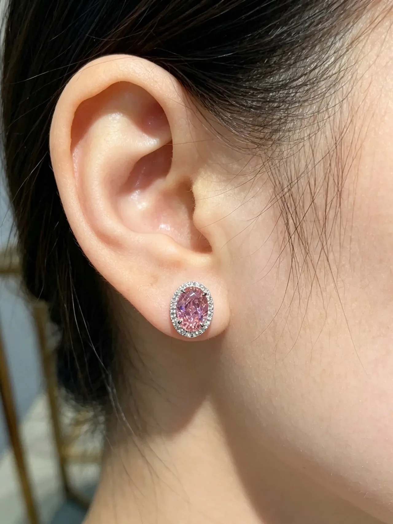 Oval Pink Gemstone Pavé Halo Stud Earrings 7
