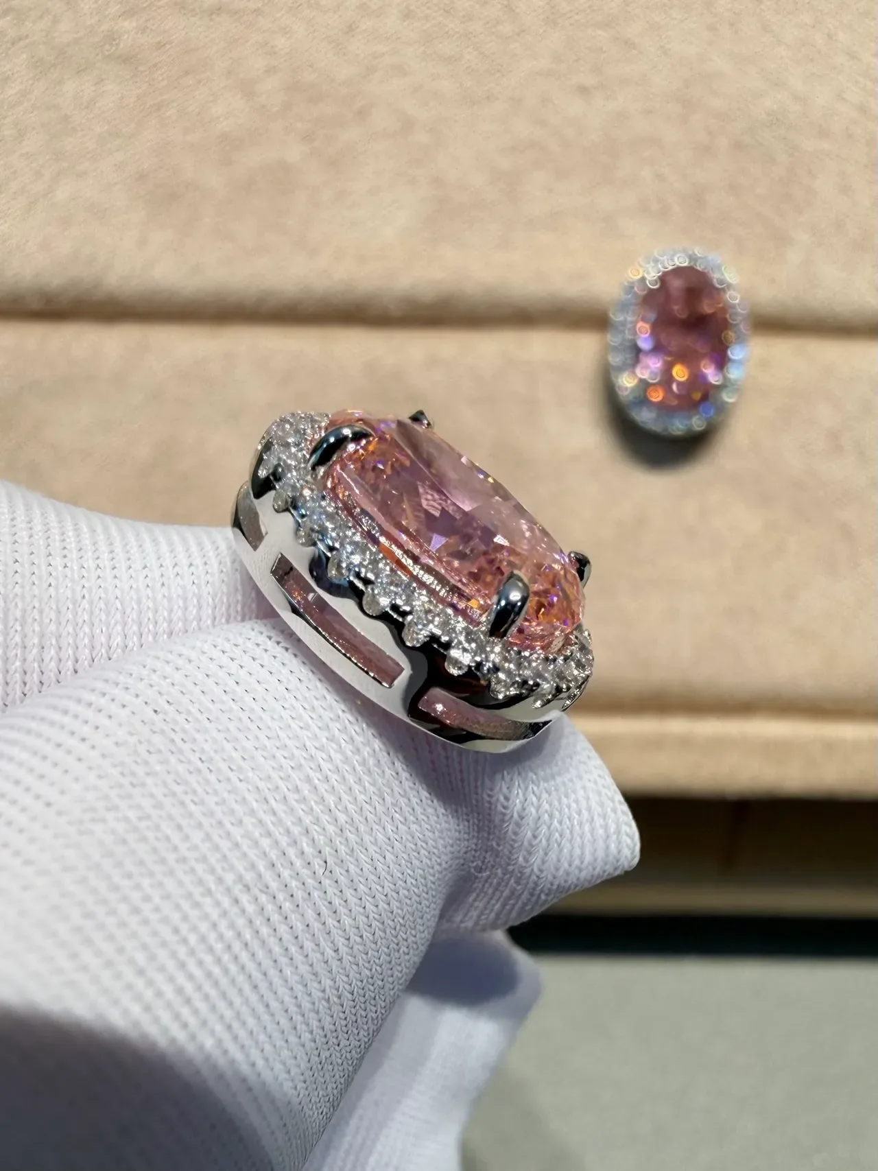 Oval Pink Gemstone Pavé Halo Stud Earrings 8