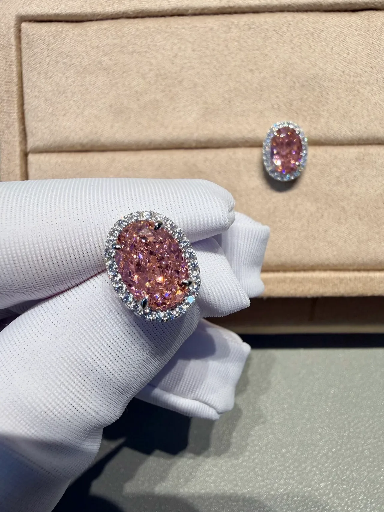 Oval Pink Gemstone Pavé Halo Stud Earrings 9