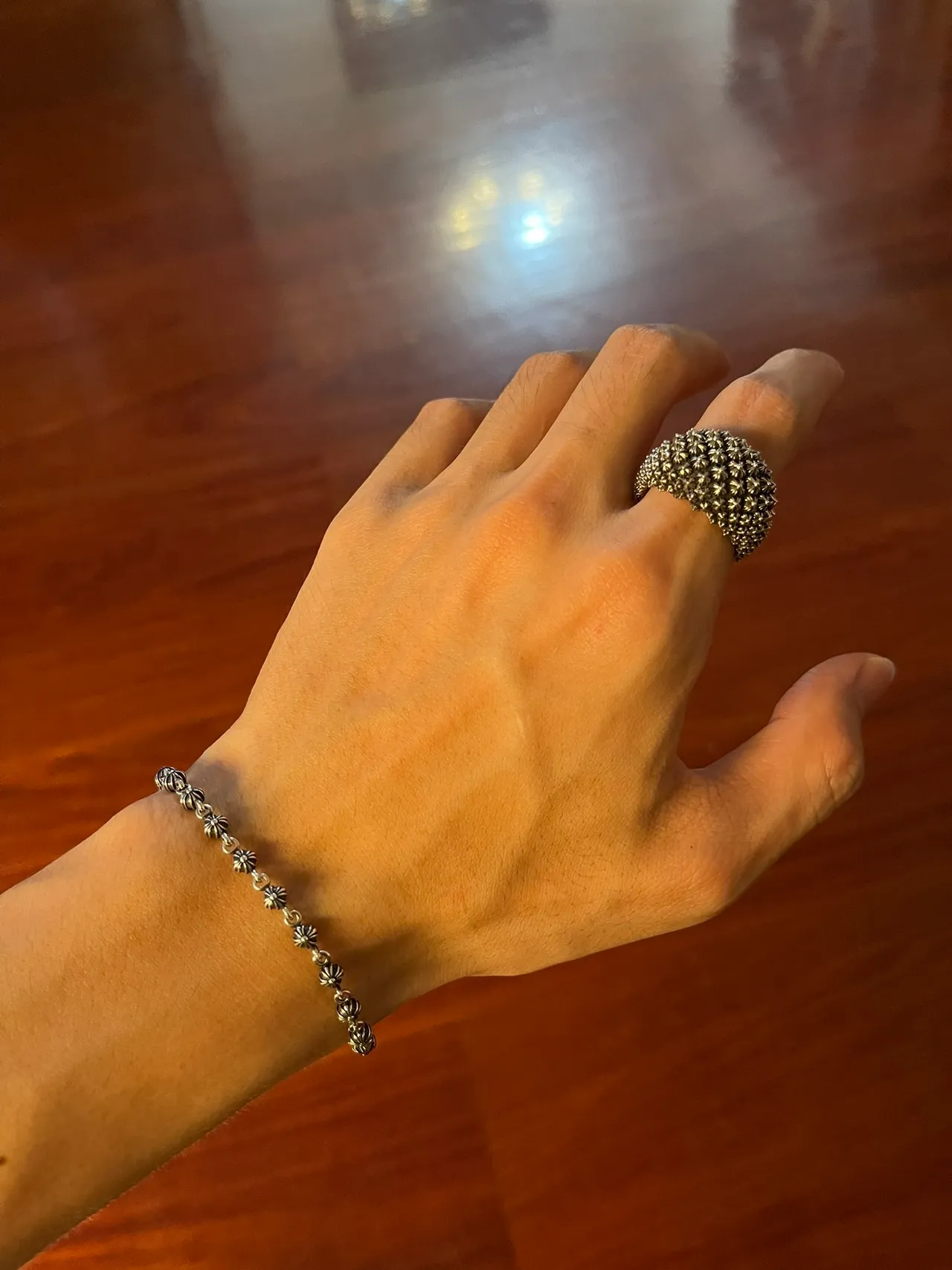 Oxidized Silver Floral and Striped Bead Link Bracelet 2