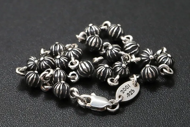 Oxidized Silver Floral and Striped Bead Link Bracelet 4