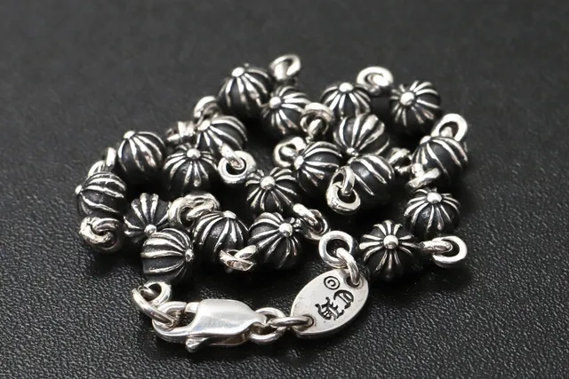 Oxidized Silver Floral and Striped Bead Link Bracelet 5