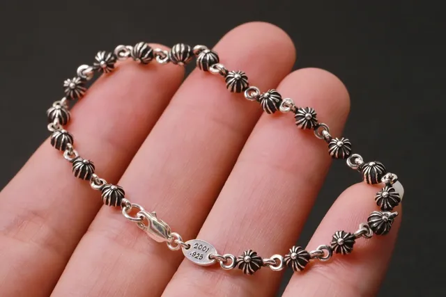 Oxidized Silver Floral and Striped Bead Link Bracelet 6