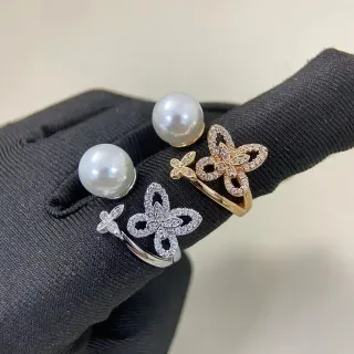 Pearl and Pavé Butterfly Motif Open-Band Rings