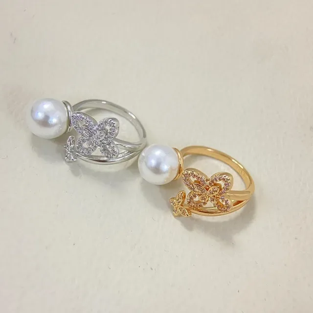 Pearl and Pavé Butterfly Motif Open-Band Rings 2