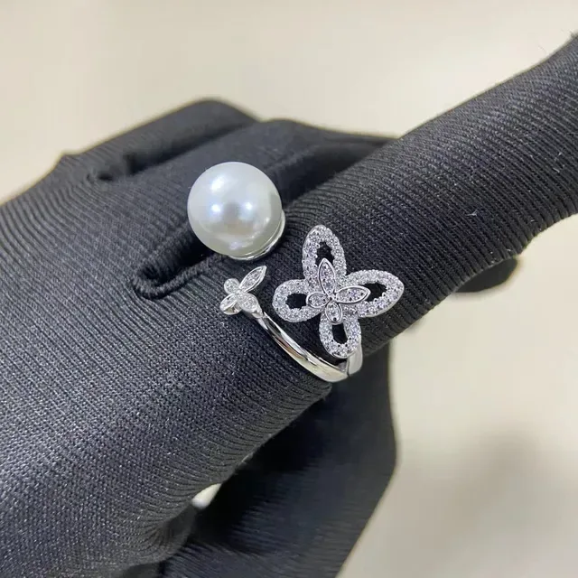 Pearl and Pavé Butterfly Motif Open-Band Rings 5