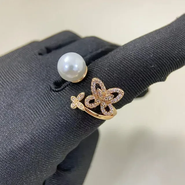 Pearl and Pavé Butterfly Motif Open-Band Rings 6