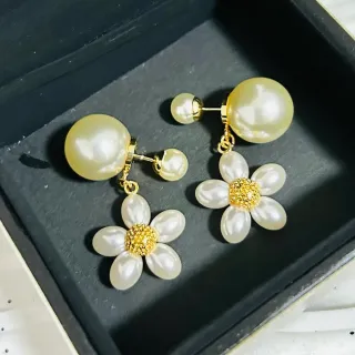 Pearl Flower Motif Gold-Tone Dangle Earrings