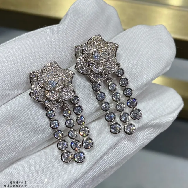 Piaget Rose Floral Pavé Diamond Fringe Earrings 7