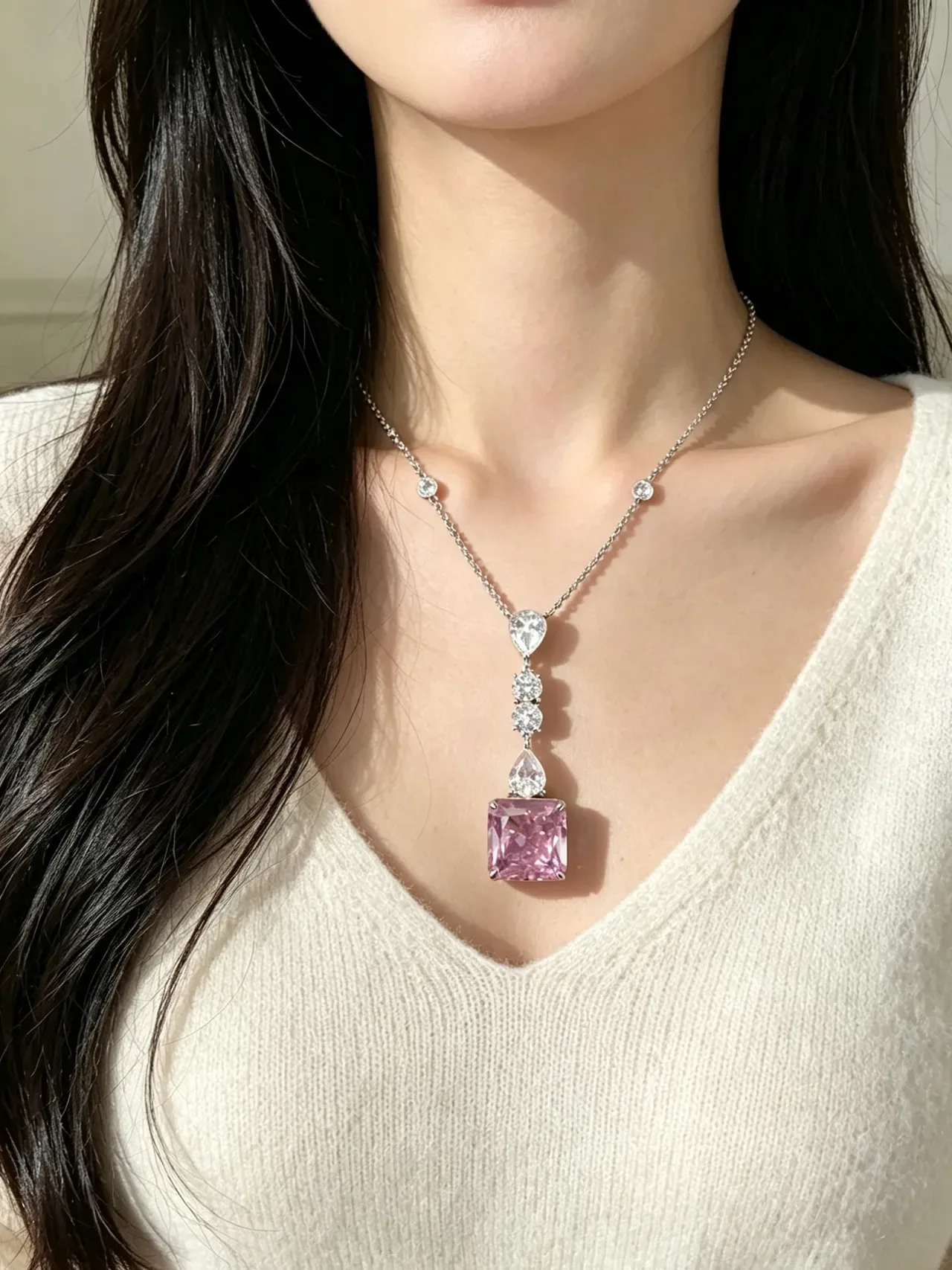 Pink and Clear Multi-Stone Drop Pendant Necklace 2