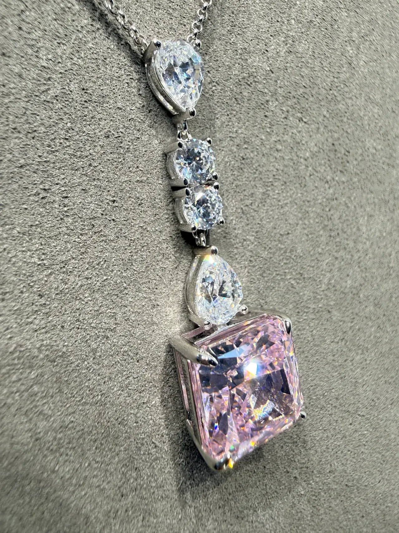 Pink and Clear Multi-Stone Drop Pendant Necklace 4