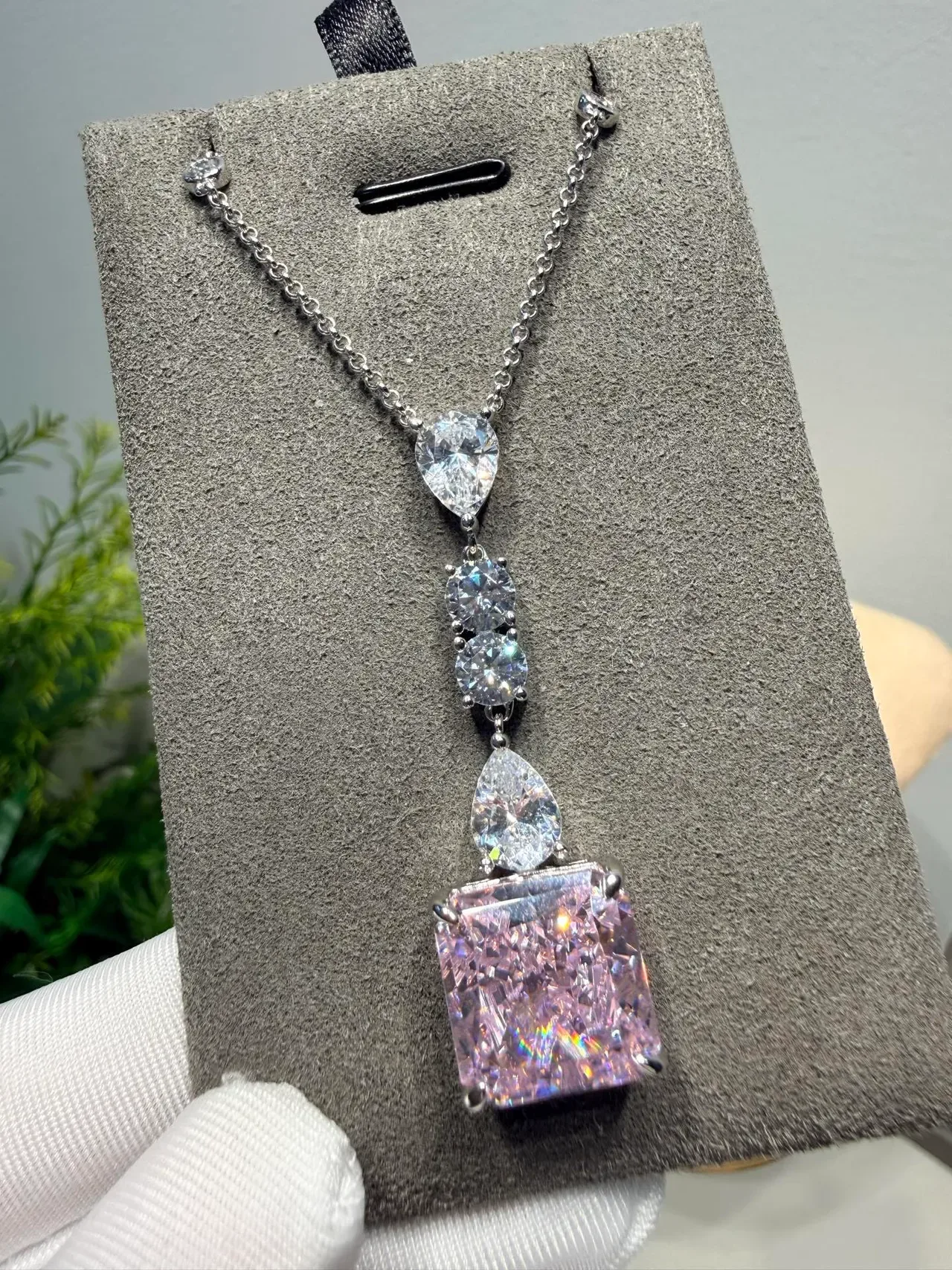 Pink and Clear Multi-Stone Drop Pendant Necklace 7