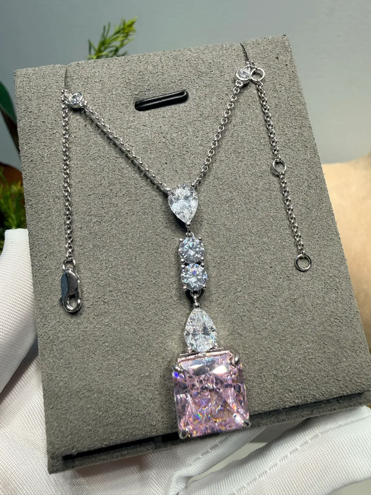 Pink and Clear Multi-Stone Drop Pendant Necklace 8