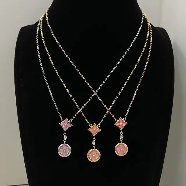 Pink Enamel Floral Motif Dual-Tier Pendant Necklace 2