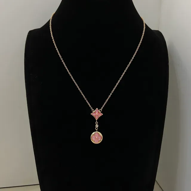 Pink Enamel Floral Motif Dual-Tier Pendant Necklace 4