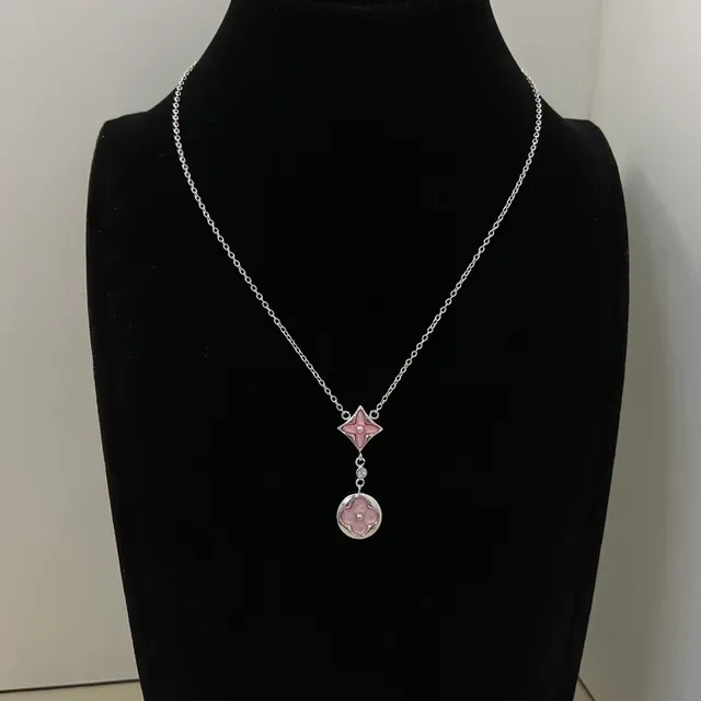 Pink Enamel Floral Motif Dual-Tier Pendant Necklace 5