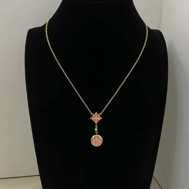 Pink Enamel Floral Motif Dual-Tier Pendant Necklace 6