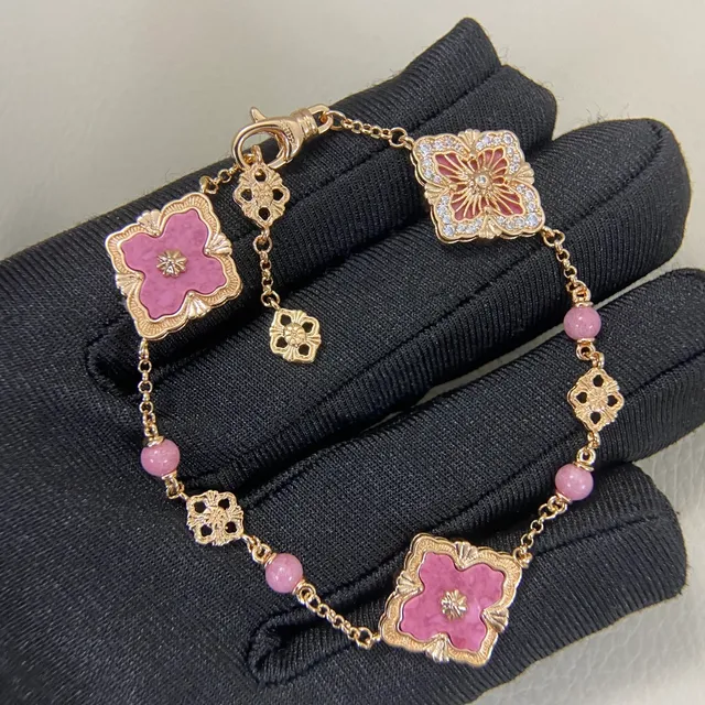 Pink Gold Chain Enamel Quatrefoil Flowers Bracelet 4