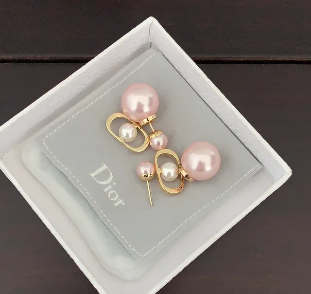 Pink Gold Double-Pearl Drop Oval Frame Earrings 2