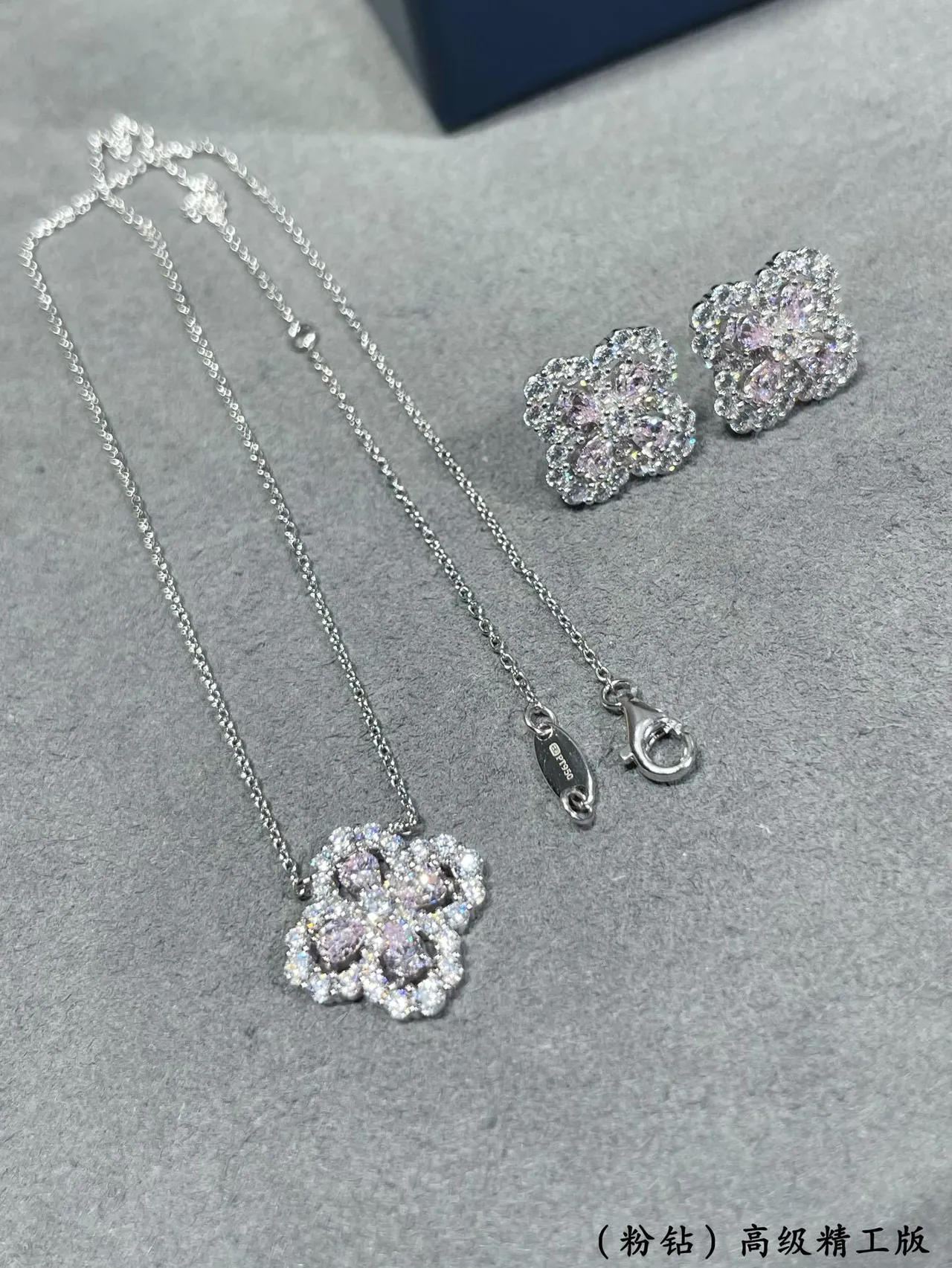 Pink Silver Floral Quatrefoil Pendant Pave-Set Clear Stones Necklace 4