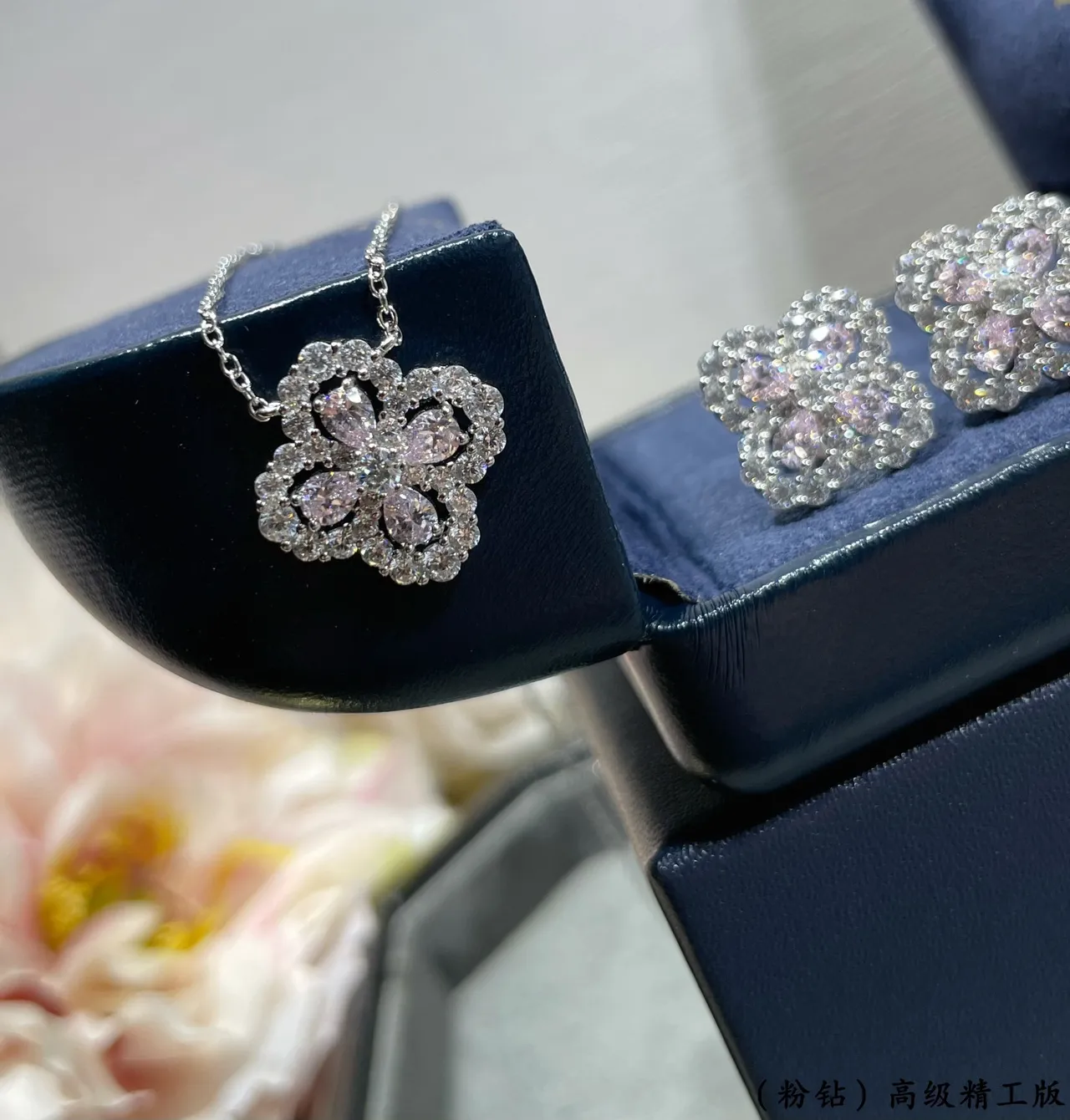 Pink Silver Floral Quatrefoil Pendant Pave-Set Clear Stones Necklace 5