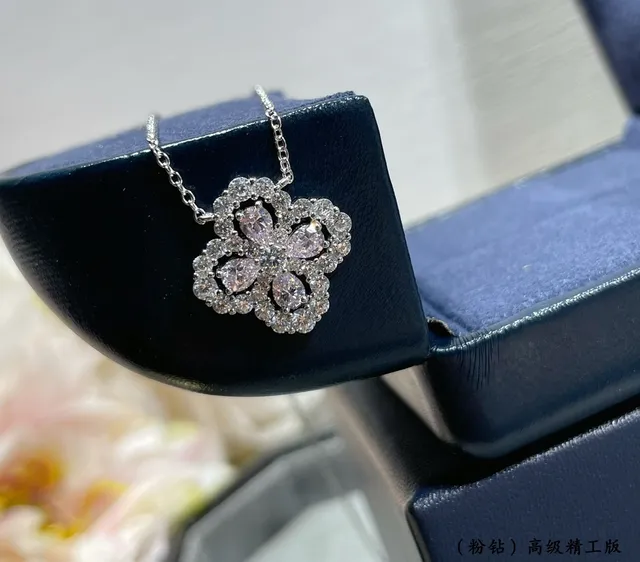 Pink Silver Floral Quatrefoil Pendant Pave-Set Clear Stones Necklace 6