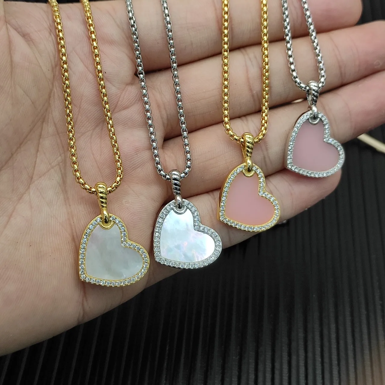 Pink Silver Heart-Shaped Pendant Pave-Set Stones Necklace 2