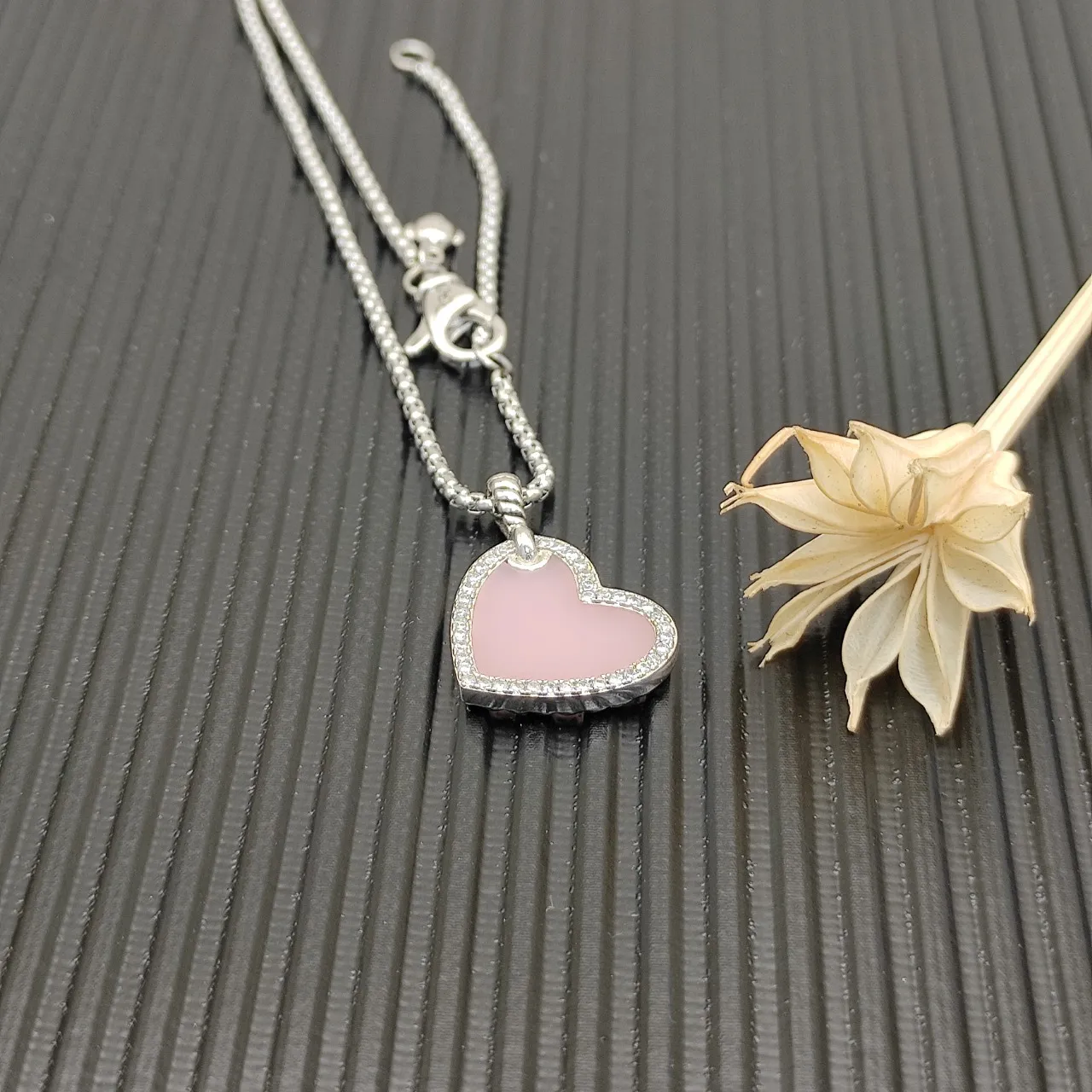 Pink Silver Heart-Shaped Pendant Pave-Set Stones Necklace 5